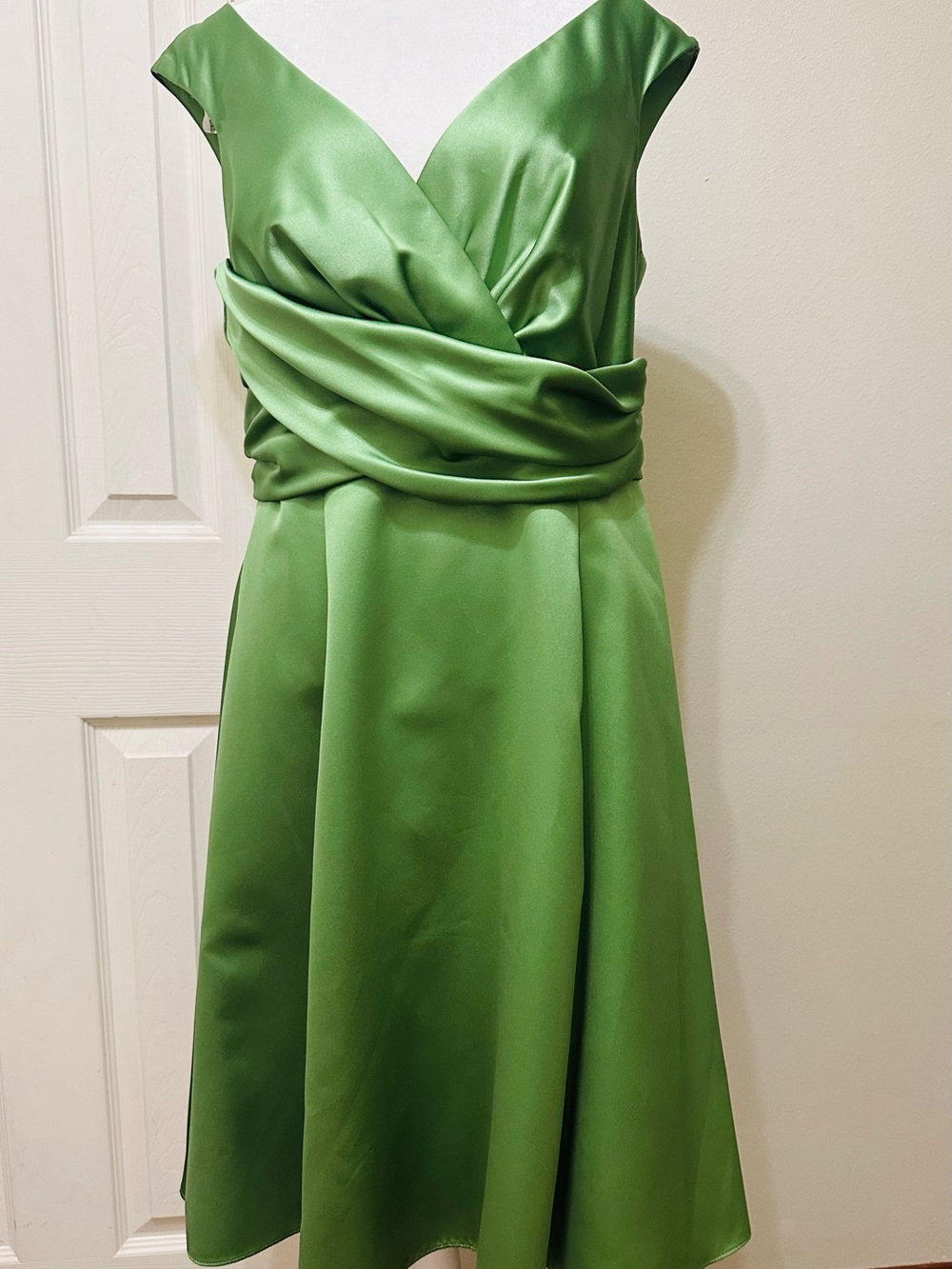 David's Bridal Satin V-Neck Green Midi Dress